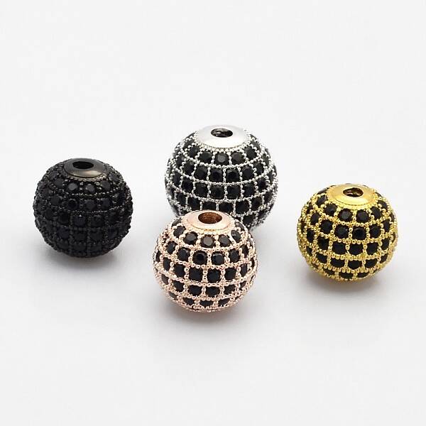 CZ Brass Micro Pave Grade AAA Black Color Cubic Zirconia Round Beads