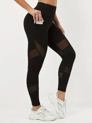 Women's High Waist Pocket Contrast Mesh Sports Leggings, Tight-fitting Elastic Seamless Comfortable Breathable Yoga Leggings,...