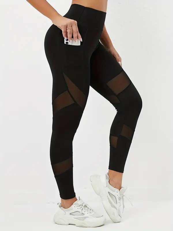 Women's High Waist Pocket Contrast Mesh Sports Leggings, Tight-fitting Elastic Seamless Comfortable Breathable Yoga Leggings,...
