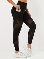 Women's High Waist Pocket Contrast Mesh Sports Leggings, Tight-fitting Elastic Seamless Comfortable Breathable Yoga Leggings,...