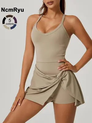 Women's Environmentally Friendly Recycled Sand Fabric One-piece Tennis Skirt V-neck Detachable Chest Cushion Skirt Cross Knot...