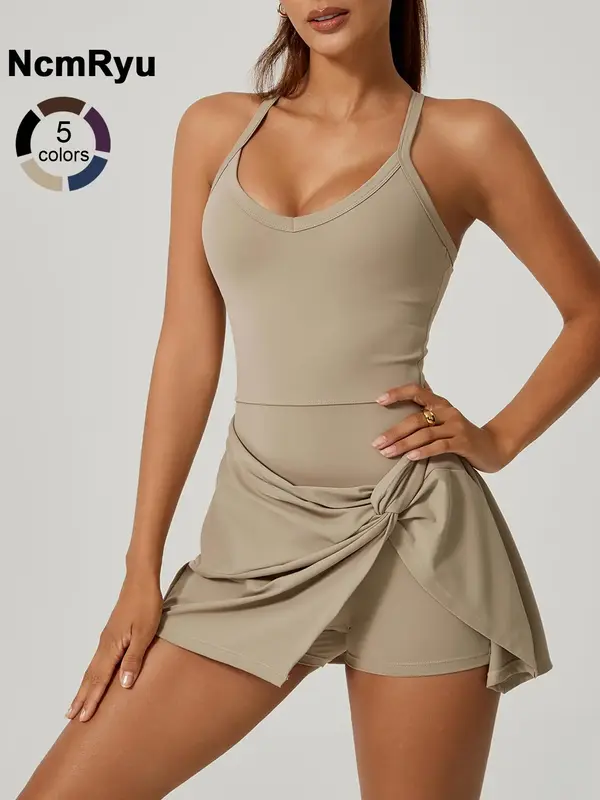 Women's Environmentally Friendly Recycled Sand Fabric One-piece Tennis Skirt V-neck Detachable Chest Cushion Skirt Cross Knot...