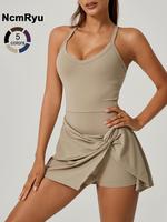 Women's environmentally friendly recycled sand fabric lightweight skin friendly lace up one-piece tennis skirt V-neck detacha...