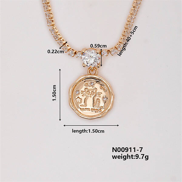 Fashion Brass Rhinestones Flat Round Pendant Necklace for Women