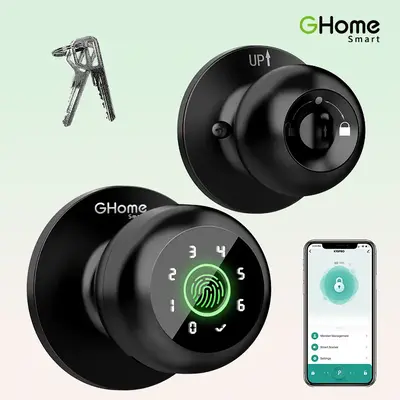 GHome Smart 4 in 1 Smart Fingerprint Door Knob with Keypad Smart Door Lock, Biometric Door Knobs & App Control, Keyless Entry...