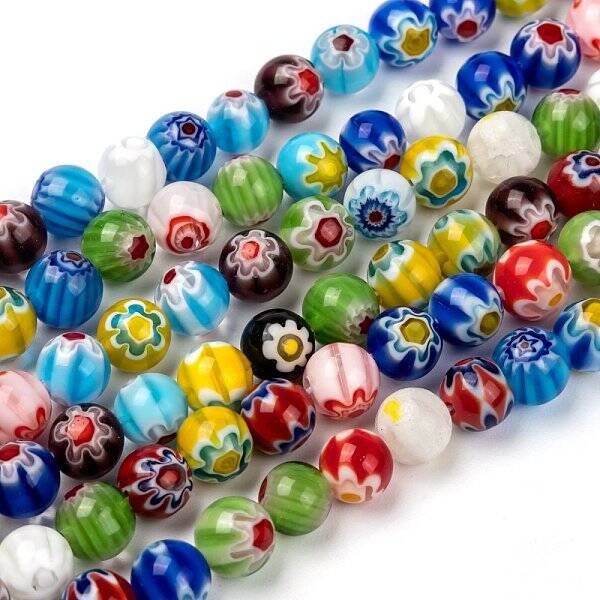 Millefiori Glass Round-Single Flower Bead Strands