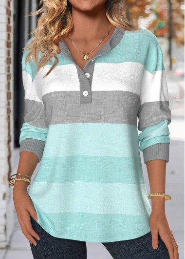 Modlily Mint Green Patchwork Striped Long Sleeve Split Neck Sweatshirt - XXL