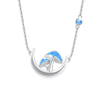 Sterling Silver Opal Mushroom & Moon Pendant Necklace