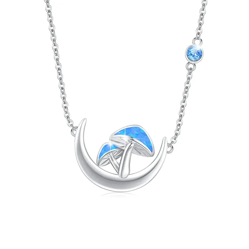 Sterling Silver Opal Mushroom & Moon Pendant Necklace