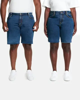 Pangaia everybody shorts mid wash | Thread color: Gold | Waist rise: Mid | Hem length: Frayed