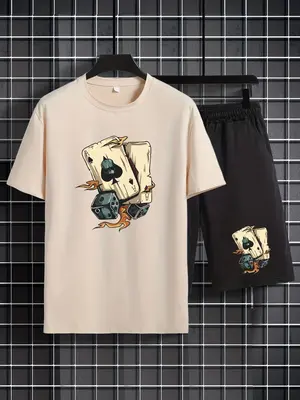 Two/Four Pieces Men's Playing Card Print Round Neck Lounge Outfits Set, Streetwear Crew Neck Short Sleeve T-shirts & Drawstr...