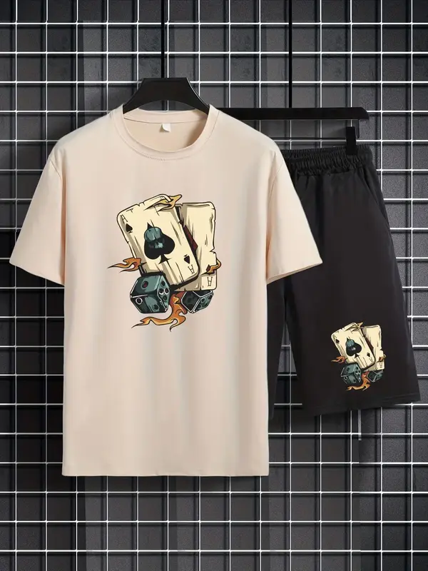 Two/Four Pieces Men's Playing Card Print Round Neck Lounge Outfits Set, Streetwear Crew Neck Short Sleeve T-shirts & Drawstr...