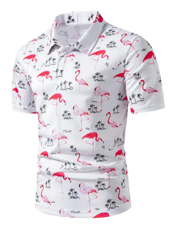 Men's Flamingo & Trees Print Button Front Half Placket Polo Shirt, Regular Fit Casual Soft Comfy Short Sleeve Collared Top fo...