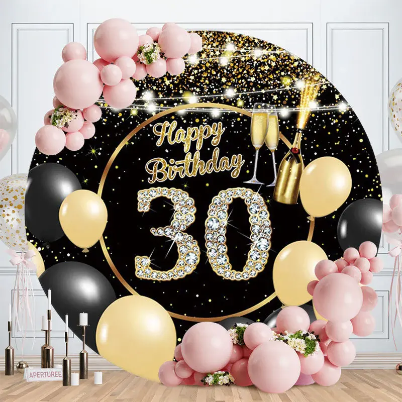 Aperturee Round Black Gold 30Th Birthday Backdrop | Round Backdrop Cover Diy | Birthday Round Backdrop Cover | Round Backdrop...