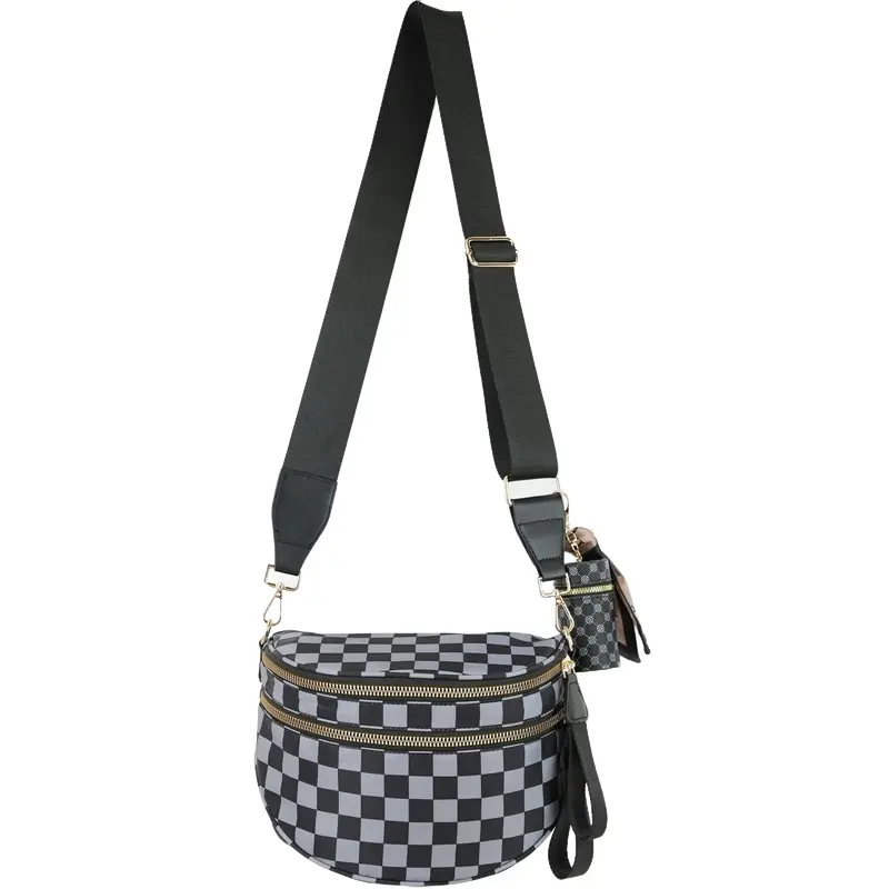 Spacious Checkered Nylon Crossbody Bag Bum Bag Checkered Handbags Wallets for Women. Large Sling Bag Purse with Adjustable St...
