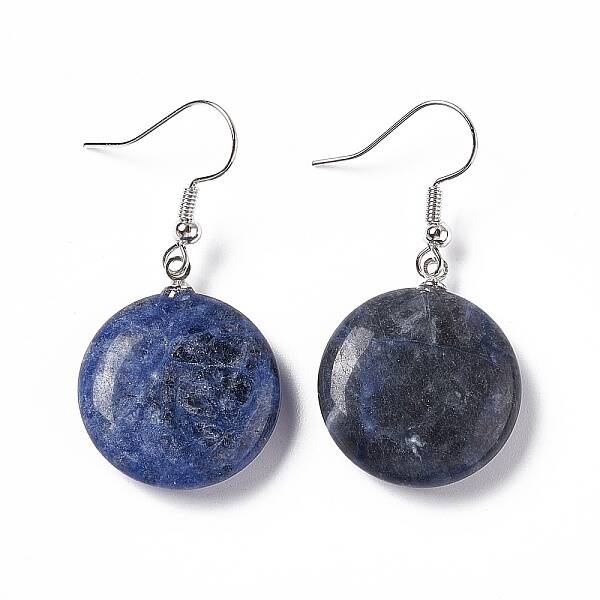 Natural Sodalite Flat Round Dangle Earrings