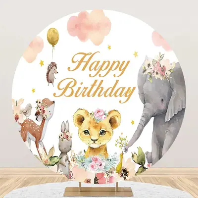 Pink Cloud Floral Animals Round Birthday Backdrop - Aperturee