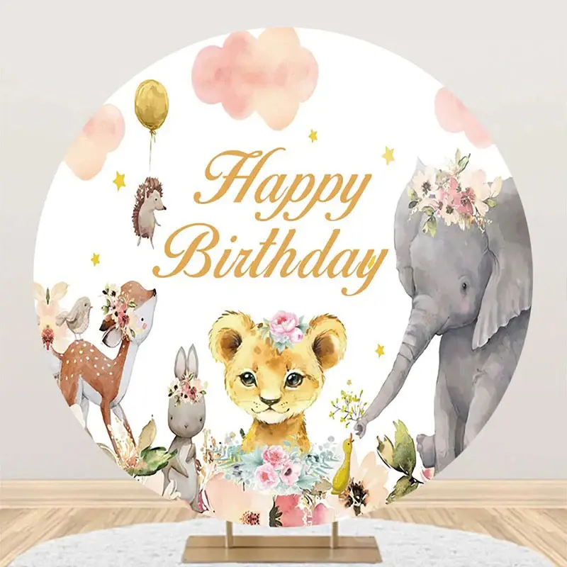 Pink Cloud Floral Animals Round Birthday Backdrop - Aperturee