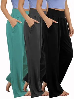 Women's Plain Pocket High Waist Joggers, Casual Comfy Wide Leg Trousers For Outdoor Sports, Airport Outfit，Women's Sport &...