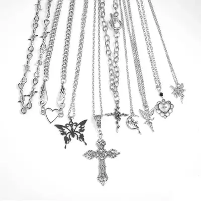 Y2K Silver Necklace Set 9PCS, Cool Grunge Necklace Set for Women Men, Fairy Thorns Gothic Angel Heart Cross Butterfly Moon Ne...