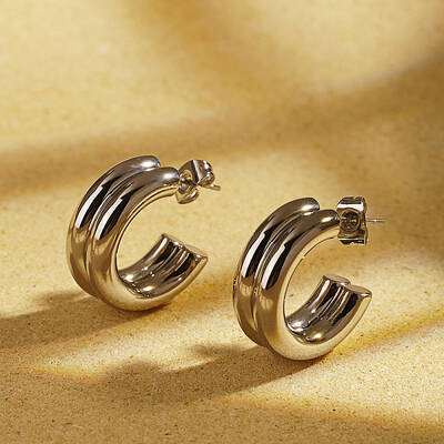 Non-Tarnish Elegant Stainless Steel Double Layer C-shaped Half Hoop Stud Earrings for Women
