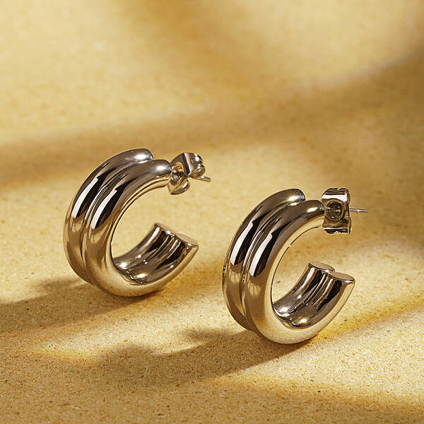 Non-Tarnish Elegant Stainless Steel Double Layer C-shaped Half Hoop Stud Earrings for Women