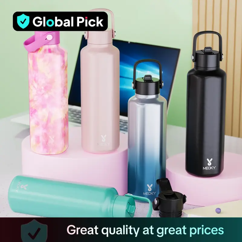 【Meoky】stainless Steel Vacuum Flask, 1 Count Double Lid Hexagonal Insulated Water Bottle with Silicone Handle, Travel Acc...