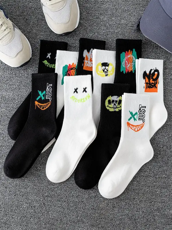 Men's Cartoon & Letter Print Crew Socks for Spring, Summer Wear 2024, Casual Comfy Breathable Socks for Daily Outdoor Wear, ...