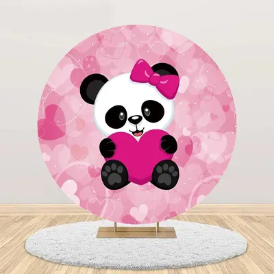 Pink Heart Panda Girl Round Baby Shower Backdrop - Aperturee