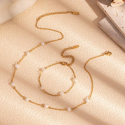 Simple and Elegant Stainless Steel & Natural Freshwater Pearl Link Chain Bracelets & Necklaces Set for Women