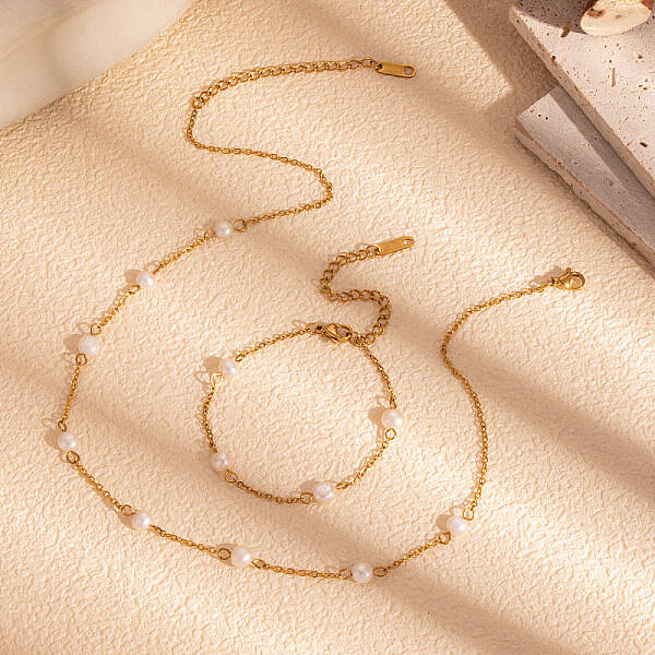 Simple and Elegant Stainless Steel & Natural Freshwater Pearl Link Chain Bracelets & Necklaces Set for Women