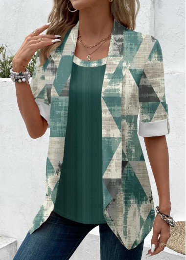 Modlily Sage Green Geometric Print Fake Two Piece Twinset - M