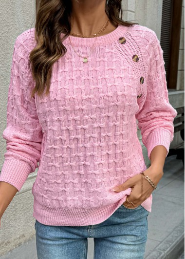 Modlily Pink Button Long Sleeve Round Neck Sweater - L