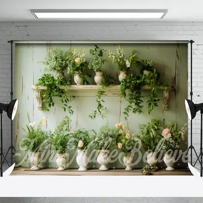 Fresh Green Leaves White Flowerpot Spring Backdrop - Aperturee