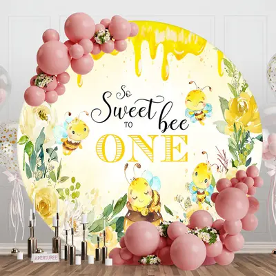 Yellow Creamy Bee Floral Round 1st Birthday Backdrop - Aperturee