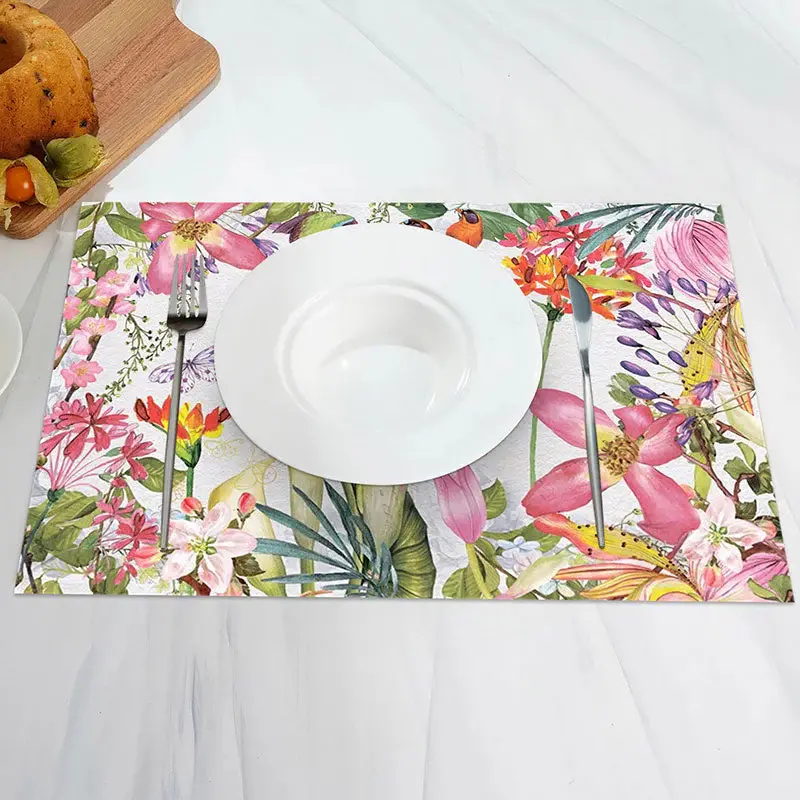 Green Leaves Pink Floral Spring Set Of 4 Placemats - Aperturee