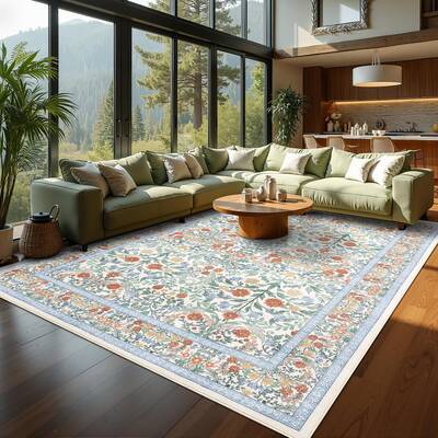 Garvee Vintage Floral Area Rug 10x13 - Machine Washable, Non-Slip, Stain Resistant, Soft Low Pile, Durable Edges - Beige - Li...