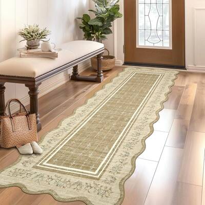 Garvee Runner Rug 2x6 Scalloped Floral Non-Slip Washable Polyester Low-Pile Stain-Resistant Camel Kitchen Entryway
