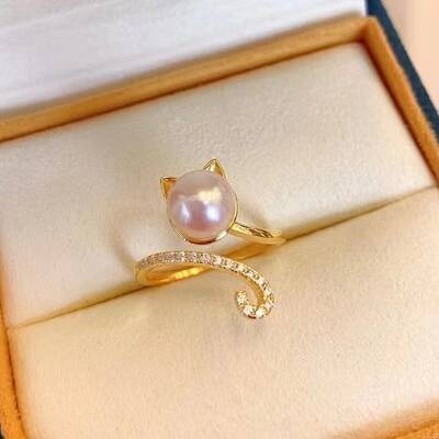 Cat Shape Natural Freshwater Pearl & Crystal Rhinestone Cuff Rings for Women