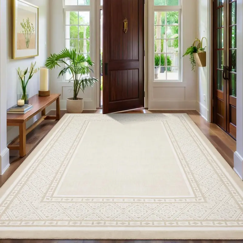 Garvee Modern Neutral Bordered Area Rug Beige 5x7 - Soft Washable Non-Slip Polyester - Geometric Pattern Low-Pile - Living Ro...