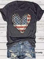 Women's American Flag Heart Print Round Neck Tee, Casual Short Sleeve Crew Neck T-Shirt for Summer, Fashion Women's Top for D...