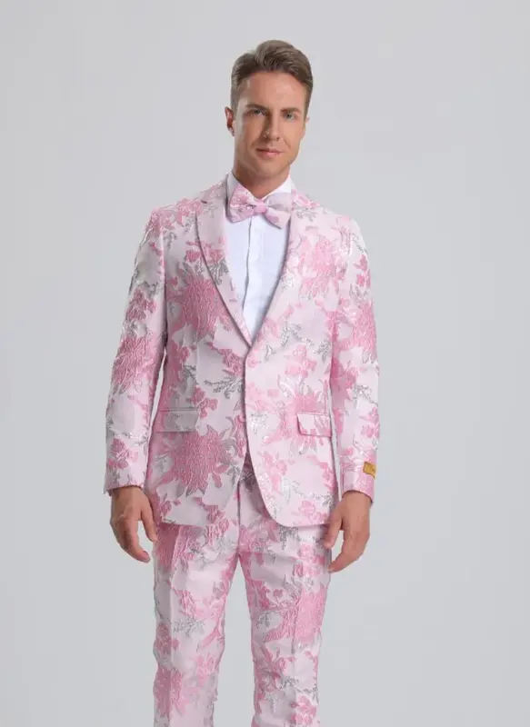 Light Pink Suit For Men's Pink & Silver Floral Paisley Prom Tuxedo
