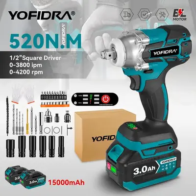 Yofidra Brushless 520N. M Cordless Electric Impact Screwdriver 1/2 Inch Electric Key Screwdriver Repair Tool for Battery 21V ...
