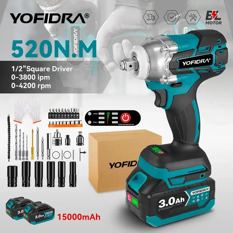 Yofidra Brushless 520N. M Cordless Electric Impact Screwdriver 1/2 Inch Electric Key Screwdriver Repair Tool for Battery 21V ...