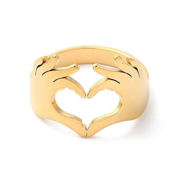 Ion Plating(IP) 304 Stainless Steel Hand Heart Open Cuff Ring for Women