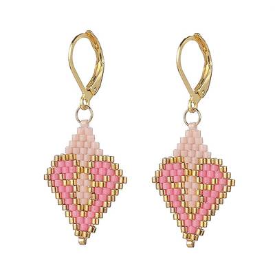 Glass Seed Braided Rhombus with Heart Dangle Leverback Earrings