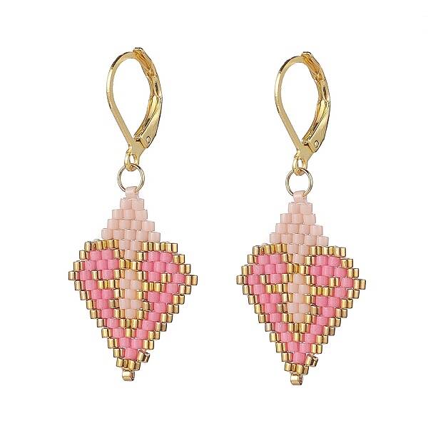 Glass Seed Braided Rhombus with Heart Dangle Leverback Earrings