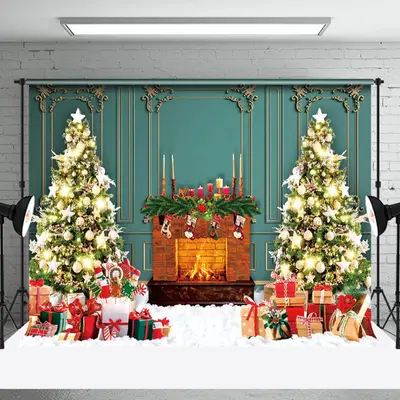 Aperturee Retro Green Wall Fireplace Tree Christmas Backdrop