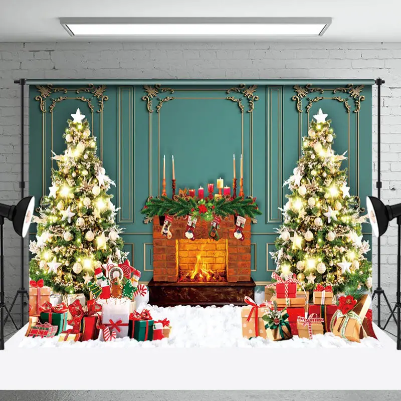 Aperturee Retro Green Wall Fireplace Tree Christmas Backdrop