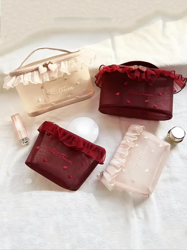 Lace Detail Makeup Bag,  Heart Pattern Makeup Bag, Cosmetic Storage Bag, Zipper Makeup Organizer Pouch, Versatile Storage Bag...